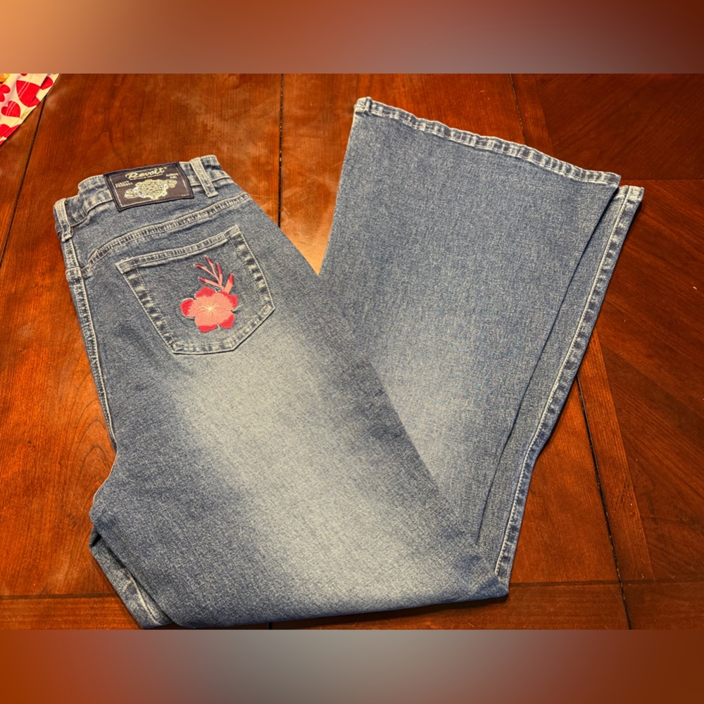 Revo Blue Flare Jeans with Flower Embroidery